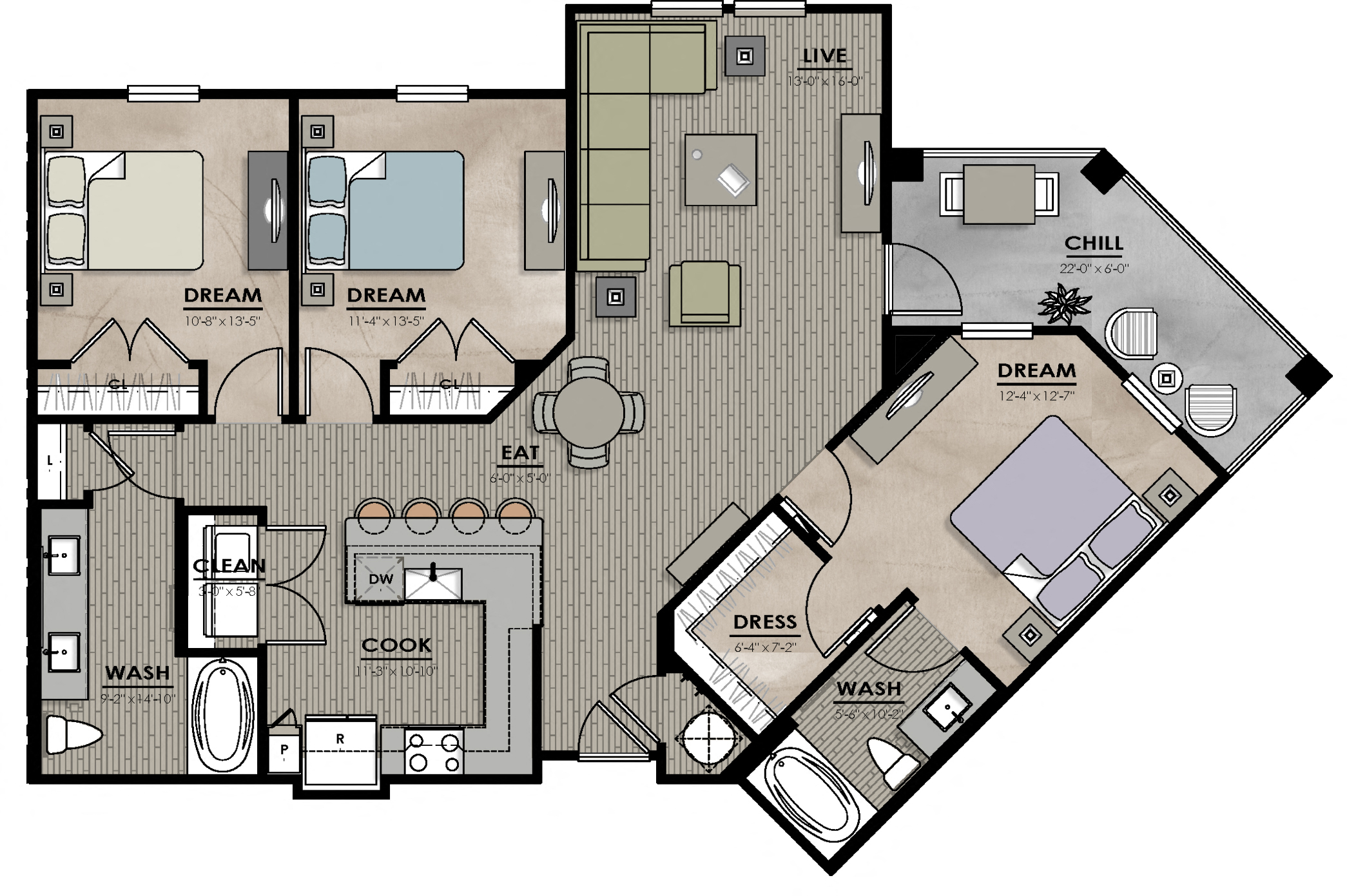 Floor plan for 3 beds, 2 baths, 1298 sqft